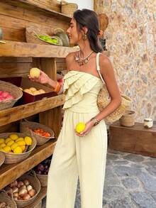 Flora Isola Flora Isola Standard Size Women's Spring/Summer Strapless Ruffled Top And Slim Fit Trousers Casual Vacation Set - Light Yellow - View 3