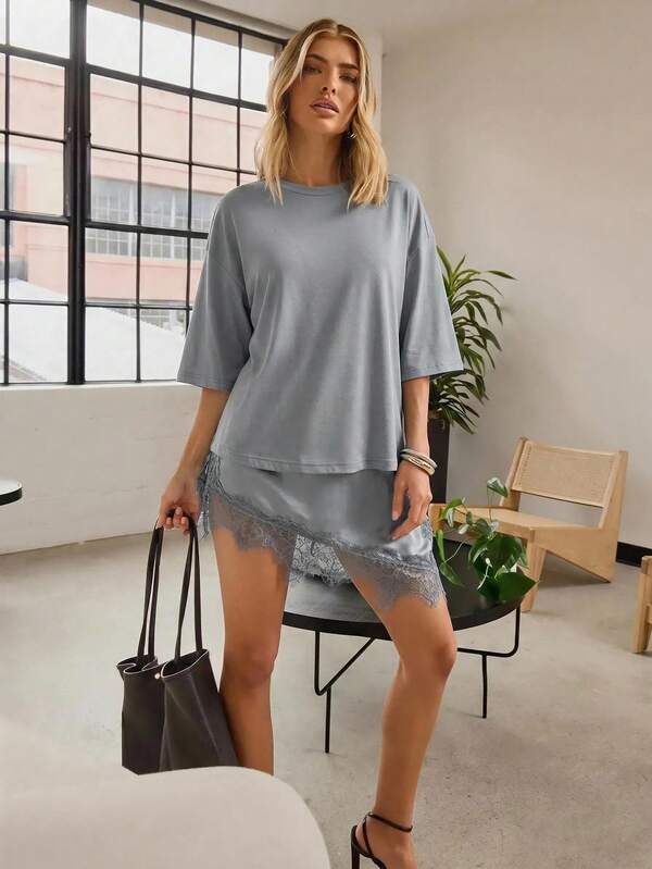 Hauture Autumn Loose Casual Street Lace Patchwork Asymmetrical Hem Women's T-Shirt Everyday Home Indoor Dusty Blue