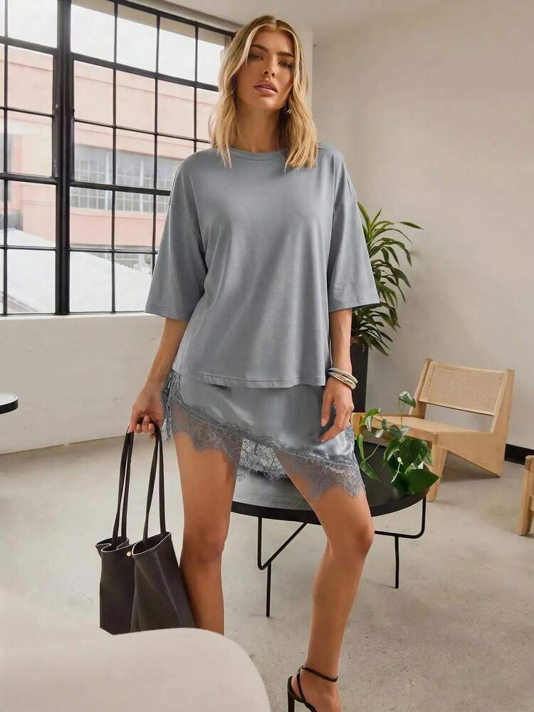 Hauture Autumn Loose Casual Street Lace Patchwork Asymmetrical Hem Women's T-Shirt Everyday Home Indoor Dusty Blue - Grey - View 1