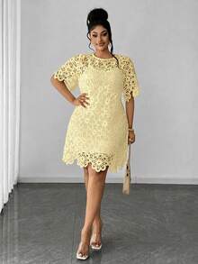Maweii Vestido de talla grande de unicolor con cuello redondo y manga corta con diseño calado - Amarillo claro - Ver 5