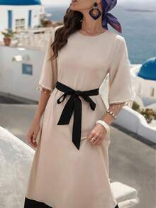Al Najma Women's Round Neck Mid-Sleeve Elegant Arabic Style Dress With Tassel Decor - Apricot - View 1