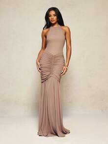 MISSGUIDED X Carli Bybel Halter Neck Ruched Maxi Dress With Extreme Gathered Skirt Detail Open Back Formal Evening Gown - Brown - View 2