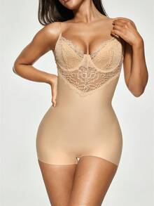 SHAPORA Contrast Lace Shapewear Bodysuit - Camel - View 5