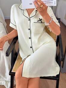 Napfluff Contrast Trim Bow Decor Patch Pocket Lapel Front Opening Women's Nightgown - Apricot - View 6