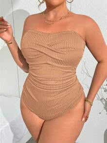 SHEIN Swim Curve 大尺碼女款純色平口細肩帶一件式休閒度假時尚泳衣 - 藕粉色 - 查看 3