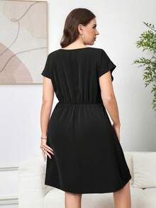 Reflora Plus Size Women's Summer Dress, Elegant Waist-Cinched Ruched Casual Outing Short Sleeve Cool Teachers' Day Office Black - Black - View 2