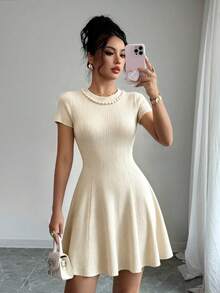 Elenzga Apricot Pearl Round Neck Short Sleeve Ribbed Cinched Waist A-Line Women's Short Dress - Apricot - View 2