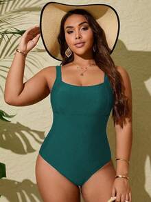 Swim Lushoire Plus Size Solid Color One-Piece Camisole Swimsuit - Teal Blue - View 5