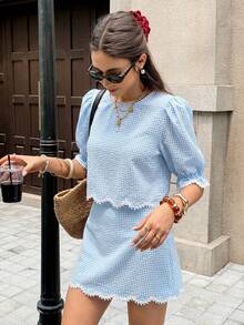 Serisse Conjunto de 2 piezas de top de cuello redondo a cuadros y minifalda casual para uso diario para mujer - Azul - Ver 4