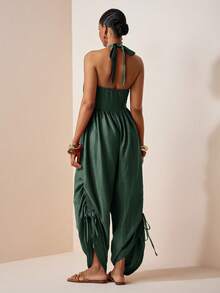 Zivah Jumpsuit Wanita Warna Polos untuk Liburan, Model Liburan, dengan Lipit di Bagian Bawah, Tali Serut, dan Leher Halter. - Hijau Tentara - View 11