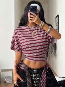 Coolane Women's Summer Minimalist Y2K Basic Daily Wear Casual Back To School Streetwear Stretchy White Loose Ruched Crop Tees - Red - View 6