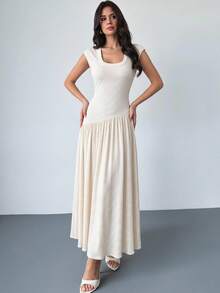 Firerie Abito lungo estivo da donna minimalista ed elegante, casual da pendolarismo quotidiano, vestibilità aderente, in maglia testurizzata color albicocca, maniche a cappuccio, scollo quadrato e rotondo, vita bassa con design vita stretta, linea ad A, effetto snellente, outfit da insegnante, abito per vacanze estive e spiaggia - Albicocca - Visualizzare 1