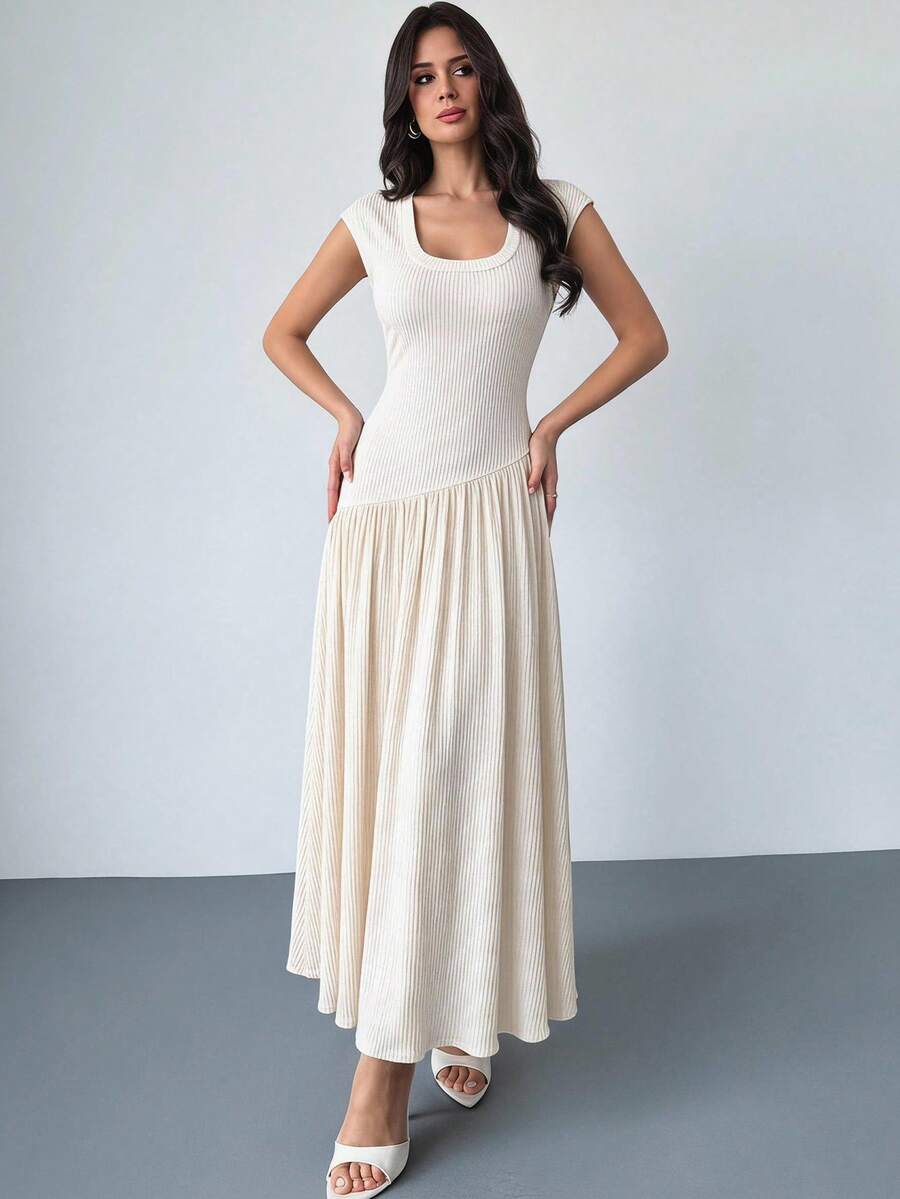 Firerie Abito lungo estivo da donna minimalista ed elegante, casual da pendolarismo quotidiano, vestibilità aderente, in maglia testurizzata color albicocca, maniche a cappuccio, scollo quadrato e rotondo, vita bassa con design vita stretta, linea ad A, effetto snellente, outfit da insegnante, abito per vacanze estive e spiaggia - Albicocca - Visualizzare 1