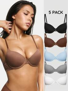 SHAPORA 5pcs/Set Women's Solid Color Contrast Lace Bras - Multicolor - View 1
