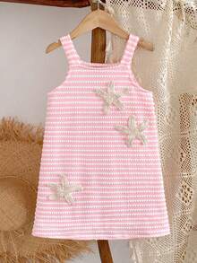 SHEIN Genkimix Kids 1件女童 YK2 夏季休閒洋裝，黃色與白色鉤編面料，3D 海星前胸設計，無袖吊帶洋裝，適合海灘度假、休閒穿著、島嶼假期 - 粉色 - 查看 2