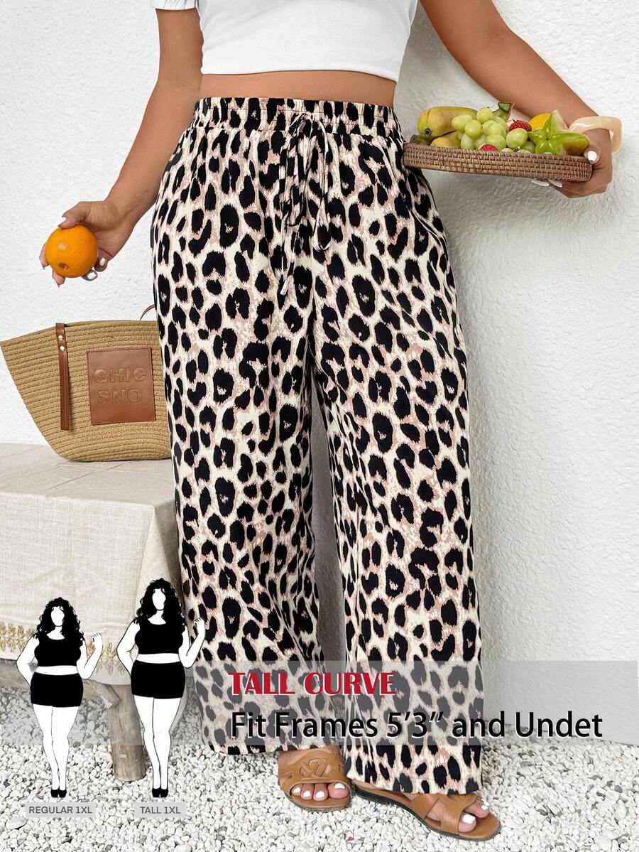 SHEIN PETITE CURVE Plus Size Casual Leopard Print Drawstring Waist Loose Pants Autumn Gym Beige Fall Vacation - Multicolor - View 1