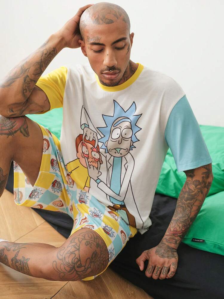 Rick and Morty X SHEIN 男士卡通印花短袖T恤與短褲家居休閒套裝 - 彩色 - 查看 3