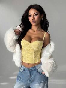 SHEIN PETITE 蕾絲透視束腰上衣 淡黃色 夏季 70年代風 舞廳夜店 派對迪斯可 無肩帶細肩帶上衣 可愛內衣式上衣 約會 通勤 小碼女款 - 鵝黃色 - 查看 6