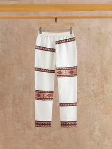HIMLAND Men's Cream Wide-Leg Pants With Colorful Geometric Woven Stripe Bands. Elastic Drawstring Waist In Lightweight Linen-Blend. Relaxed Resort Style For B - Khaki - View 2