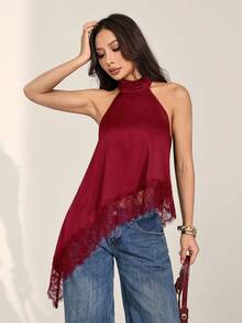 SHEIN PETITE 女款蕾絲飾邊掛脖休閒百搭日常外出上衣 - 紅色 - 查看 9