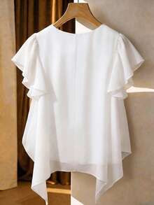 Franclia Casual Solid Color Ruffle Sleeve Short Sleeve Bow Decor Asymmetrical Hem Shirt - White - View 2