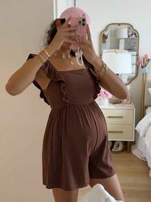 SHEIN GentleRue Maternity-D 女款印花荷葉邊哺乳連身褲，度假必備，拉鍊式胸口開口方便哺乳 - 咖啡棕 - 查看 3