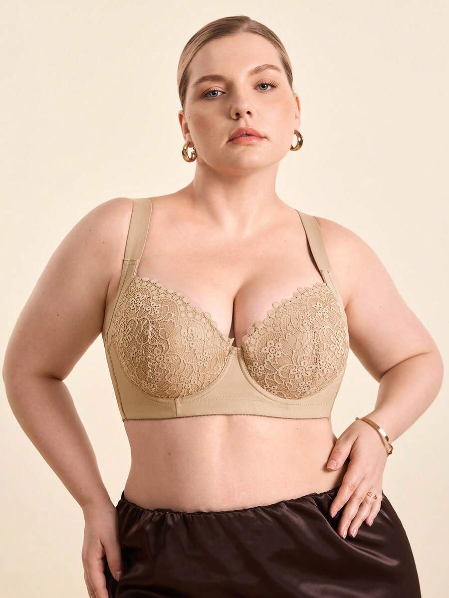 Hourtrue 1 buah Bra Lingerie Ukuran Plus dengan Renda Kontras, Nyaman, Tanpa Jahitan, Berkawat, Berbantalan, dan Bantalan yang Dapat Diatur, Mengangkat - Khaki - View 1