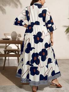 Comfylo Plus Size Floral Print Vacation Casual Boho Bohemian Dress Navy Blue Summer - Multicolor - View 3