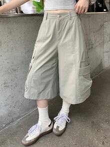DAZY Solid Color Loose Pocket Capri Pants Casual Street Style Summer Women Long Pants Vacation School - Grey - View 2