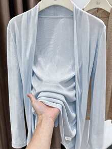 Resyla Women's Solid Color Long Sleeve Open Front Casual Thin Jacket - Blue - View 3