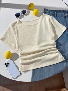 SHEIN EZwear 大码女式夏季纹理面料T恤，弹力度假风T恤 - 米色 - 查看 4