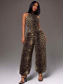 Radiana Women's Summer Minimalist Casual Fashion Leopard Print Jumpsuit, Sexy Halter Neck Backless Jumpsuit, Balloon Leg Jumpsuit, Lantern Pants, High Elastic Knit Jumpsuit, Commuter Jumpsuit, Commuter Pants, Casual Pants, Daily Casual Outing Wear, Workplace Jumpsuit Long Pants, Beach Casual Pants, Beach Pants, Summer Outfit, Vacation Outfit, Holiday Outfit - Multicolor - View 7
