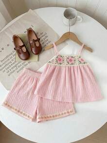 SHEIN LMoss Kids 少女花卉鉤編吊帶上衣與鉤編飾邊短褲套裝 西式連身短褲套裝 女孩 棕色 - 杏色 - 查看 4