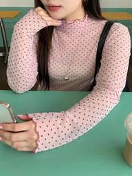 Dazy Plus Colorblock Patchwork Small Stand Collar Mesh Polka Dot Sheer T-Shirt Top