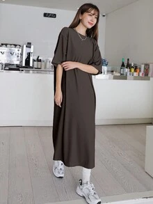 DAZY Spring Summer Autumn Round Neck Short Sleeve Loose Solid Color Dark Coffee Straight Casual Drop Shoulder Women's Mid-Length Dress - Dark Grey - View 3