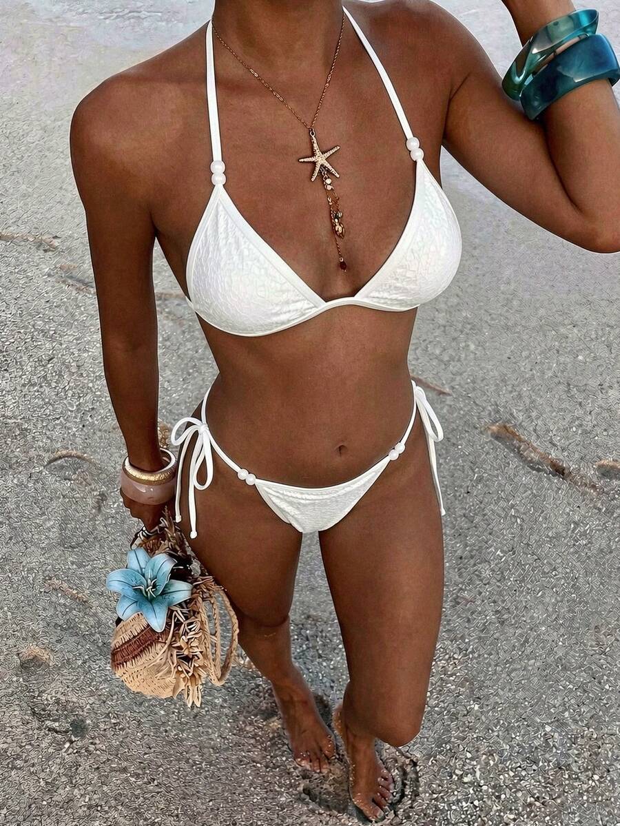 Swim SXY Bikini da spiaggia a due pezzi bianco sexy con pizzo lavorato, perline e collo all'americana, set da bagno di - Bianco - Visualizzare 1