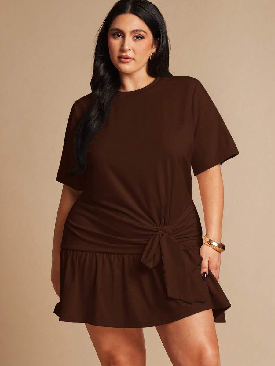 SHEIN BAE 大尺碼女款杏色短版綁帶短袖洋裝 - 摩卡棕 - 查看 1