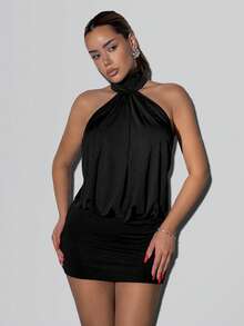 SHEIN ICON Women's Solid Color Halter Neck Fashion Mini Dress - Black - View 4