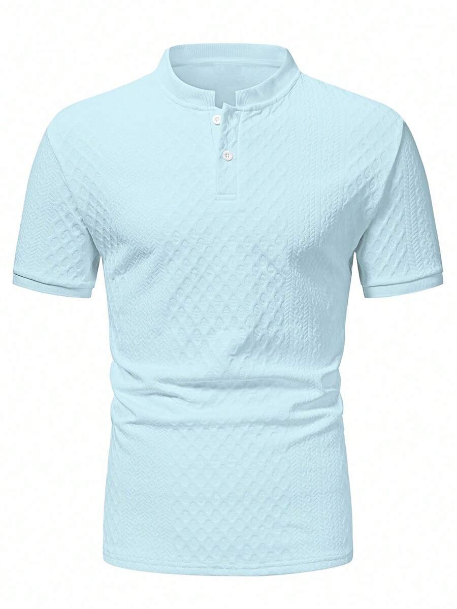 Manfinity Homme 男士純色通勤短袖休閒 Polo 衫,夏季,正式 - 淺藍色 - 查看 1