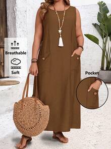 EMERY ROSE Vestido minimalista de talla grande sin mangas con bolsillos y botones de unicolor - Marrón Mocha - Ver 1