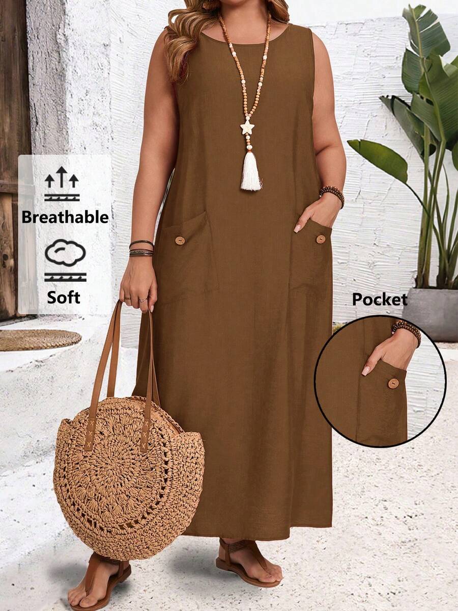 EMERY ROSE Vestido minimalista de talla grande sin mangas con bolsillos y botones de unicolor - Marrón Mocha - Ver 1