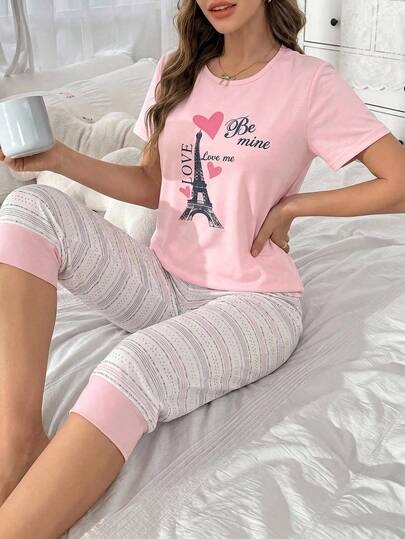 100% Cotton Rich Pajama Set With Print Short Sleeve T Shirt And Patterned Capri Pants, Soft Stretch Jersey Fabric, Breathable Lightweight Homewear, Comfortable Relaxed Fit Sleepwear, Cute Feminine Loungewear Set, Casual Daily Pajamas, Cozy Nightwear Outfit For Women