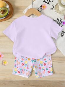 Elladie kids 1 Set Young Girls' Sweet Purple Dreamy Princess Print T-Shirt & Butterfly,Deer,Flower Pattern Shorts,Summer Outfits,Light Pink,Summer,Family Matching - Multicolor - View 2