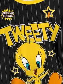 LOONEY TUNES X SHEIN 大码夏季休闲条纹卡通图案圆领短袖T恤 - 白色 - 查看 5