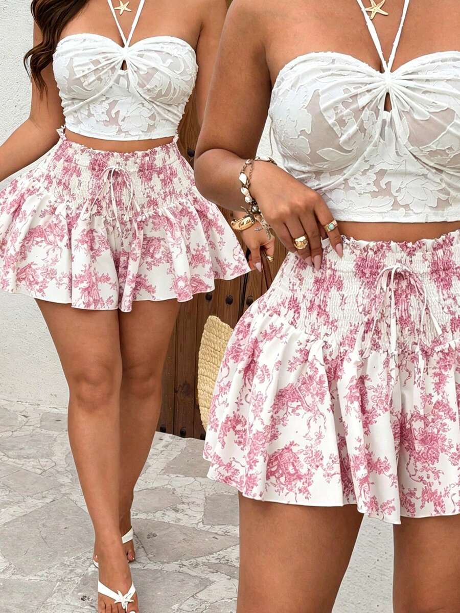 Sunnyshic Plus Size French Vintage Print Shorts, Shirred, Lace-Up, Ruffle, Elastic Waist Concealing Shorts, Blue Porcelain White Ruched Ruffle Mini Pants, High Waist Patchwork Shirred Pants, Suitable For Summer Vacation And Beach Trips, Travel Photography, Dates - Multicolor - View 1