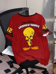 LOONEY TUNES X SHEIN 大码夏季休闲条纹卡通图案圆领短袖T恤 - 白色 - 查看 2
