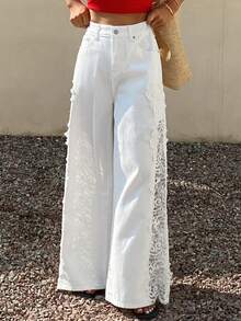 Livesso Jeans de unicolor para mujer con parches de encaje - Blanco - Ver 5