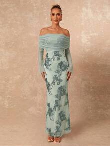 Lumalex Elegante vestido largo de malla floral verde salvia, vestido maxi con escote Bardot sin hombros y apliques 3D, vestido de invitada de boda de verano con un solo hombro para mujeres, de lujo - verde menta - Ver 9