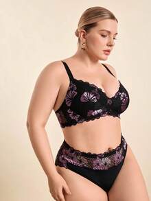 Hourtrue Plus Size Women 2pcs Romantic Lace Bra Set, Simple Casual Bra + Panty Set, Lift - Multicolor - View 7