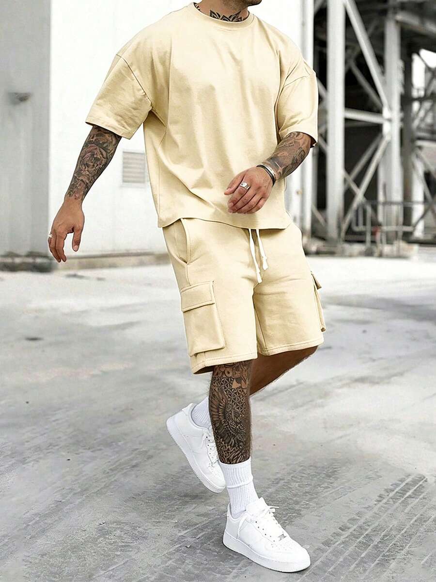Manfinity Homme Men's Short Sleeve Crew Neck Drop Shoulder T-Shirt And Drawstring Pocket Shorts Solid Color 2-Piece Set - Beige - View 1